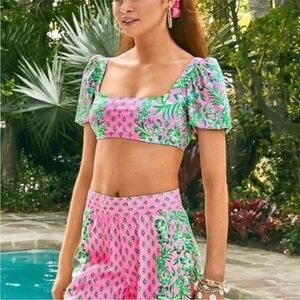 NWT Lilly Pulitzer Ressina Puff Sleeve Bikini Top in Pink Shandy Oh Diamond Girl